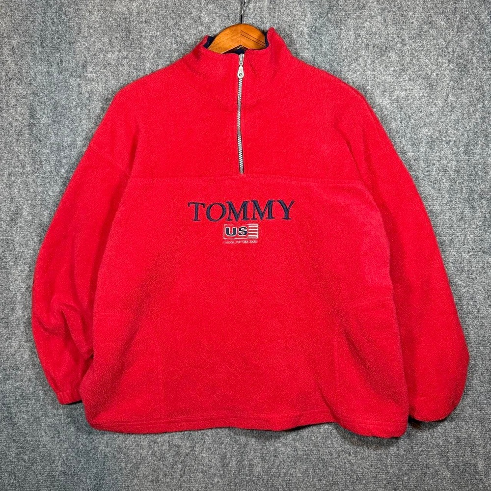 Tommy Hilfiger Mens Red Quarter Zip Fleece Sweatshirt Logo USA Flag Large
